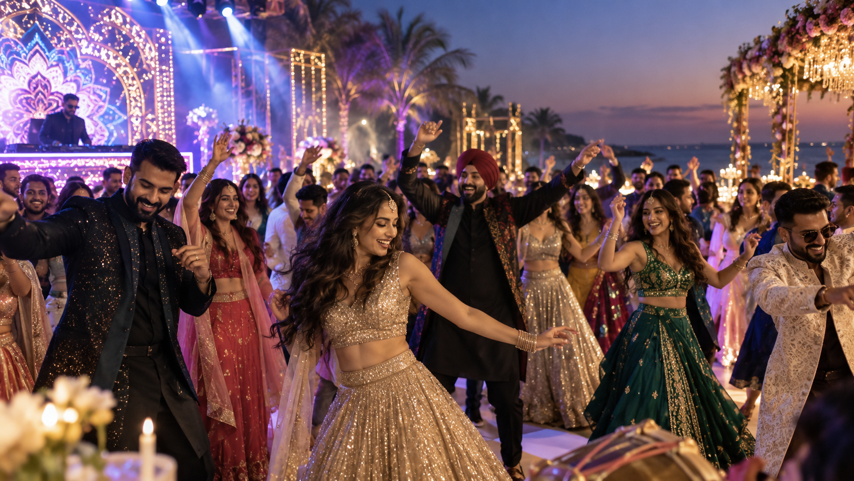 Colorful Garba night celebration with guests dancing in traditional attire under festive lights.