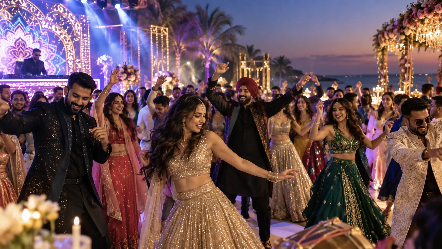 Glamorous South Asian party with Bollywood-style dance floor energy.