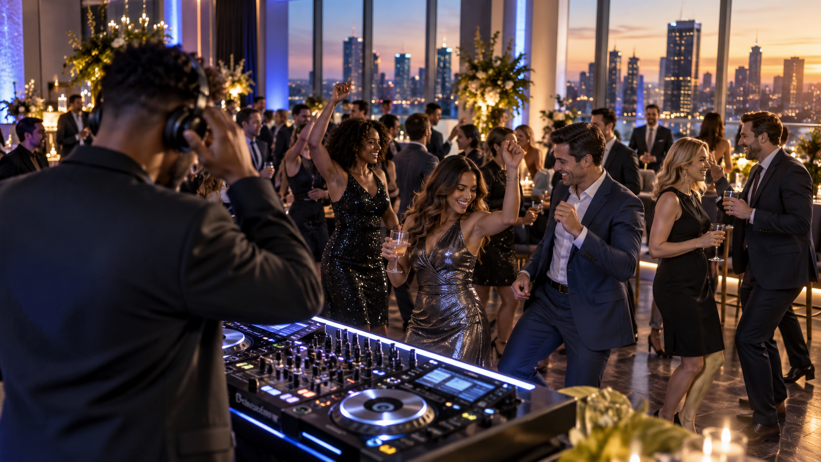 Modern corporate event with city skyline and guests enjoying a professional dance floor atmosphere.
