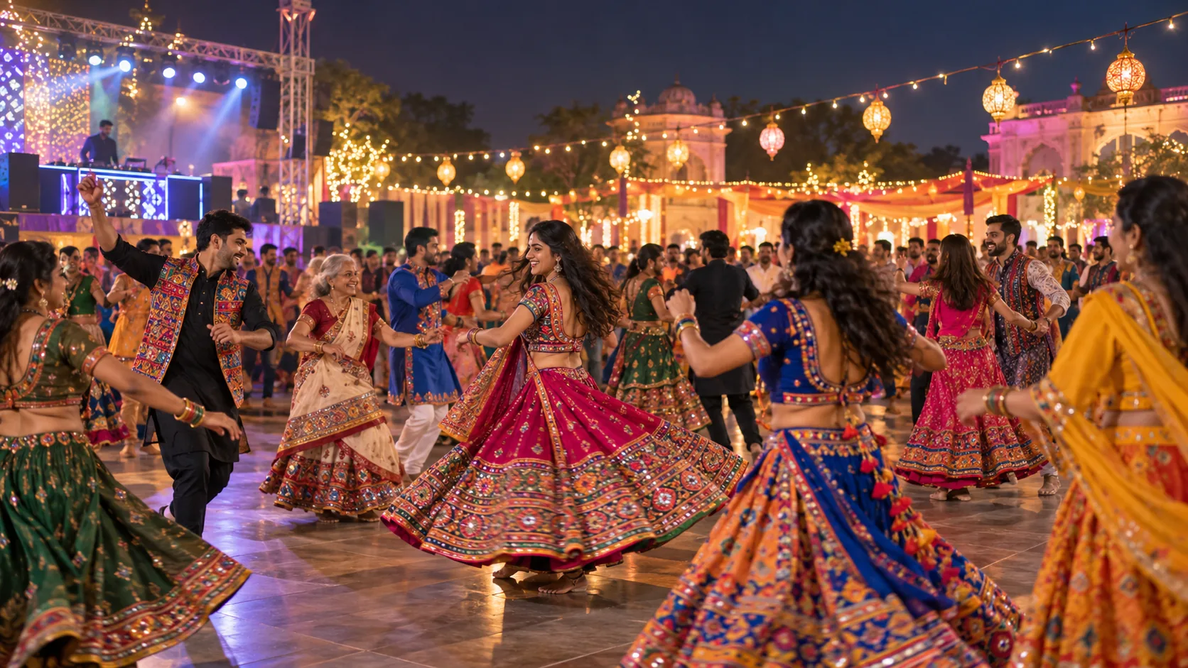 Colorful Garba night celebration with guests dancing in traditional attire under festive lights.