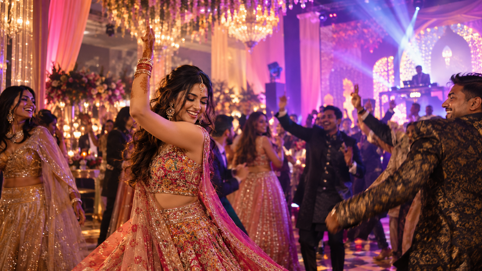 Bride and groom dancing at an elegant wedding reception with guests celebrating around them.