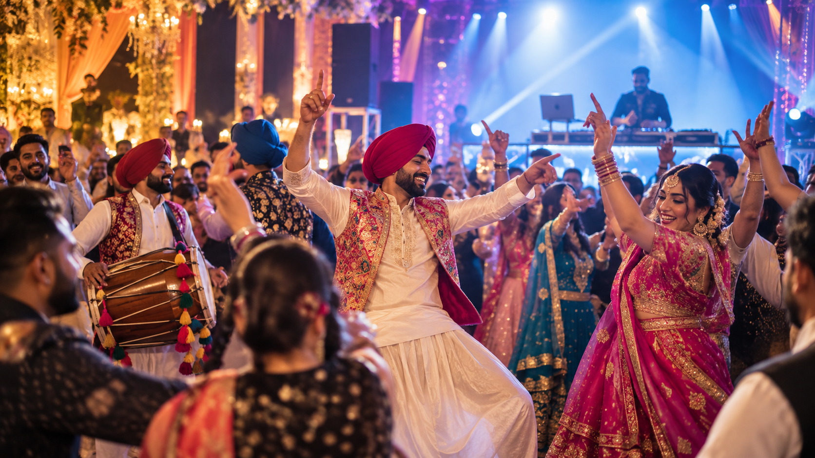 Colorful Garba night celebration with guests dancing in traditional attire under festive lights.