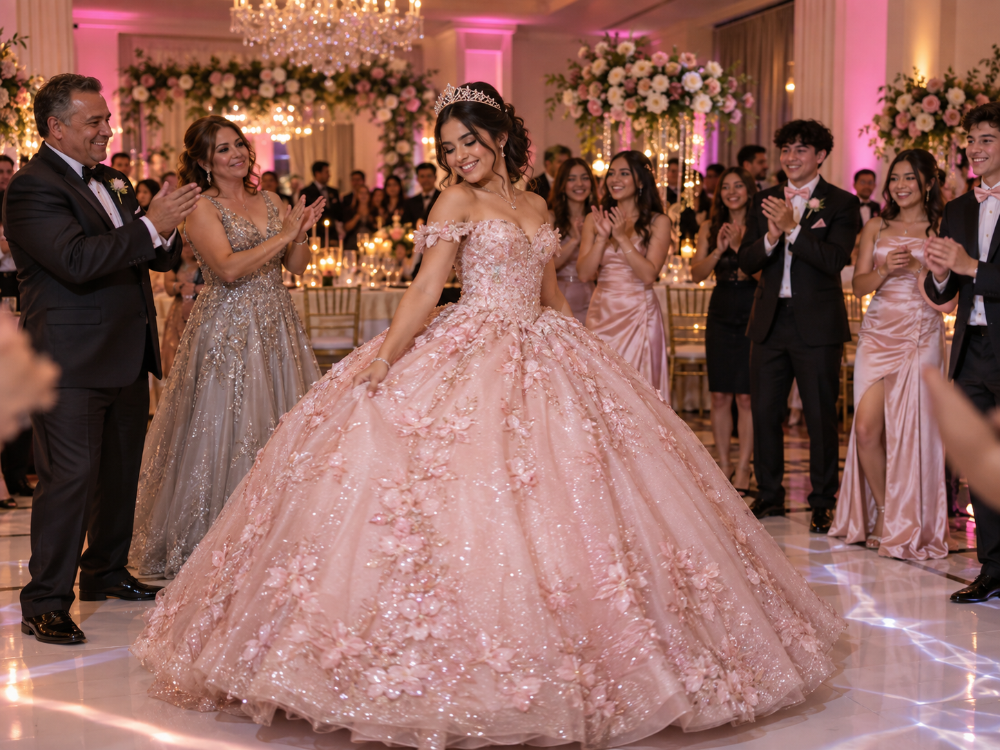 Elegant quinceañera celebration with the guest of honor in a blush ball gown surrounded by applauding family and friends.