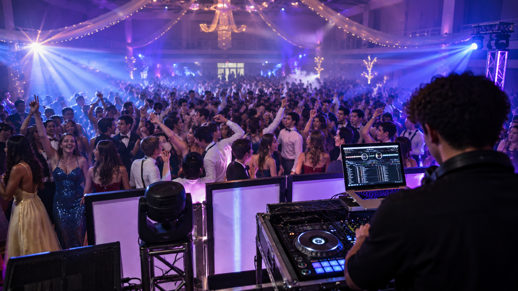 DJ booth overlooking a neon school dance crowd with students enjoying the event.