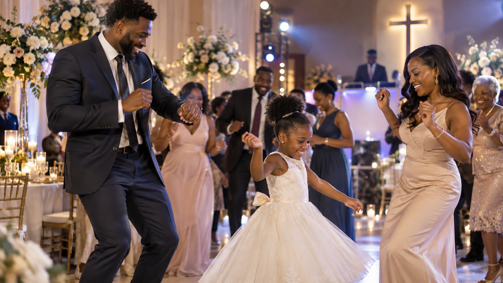 Joyful dance floor celebration with elegant lighting and festive crowd energy.