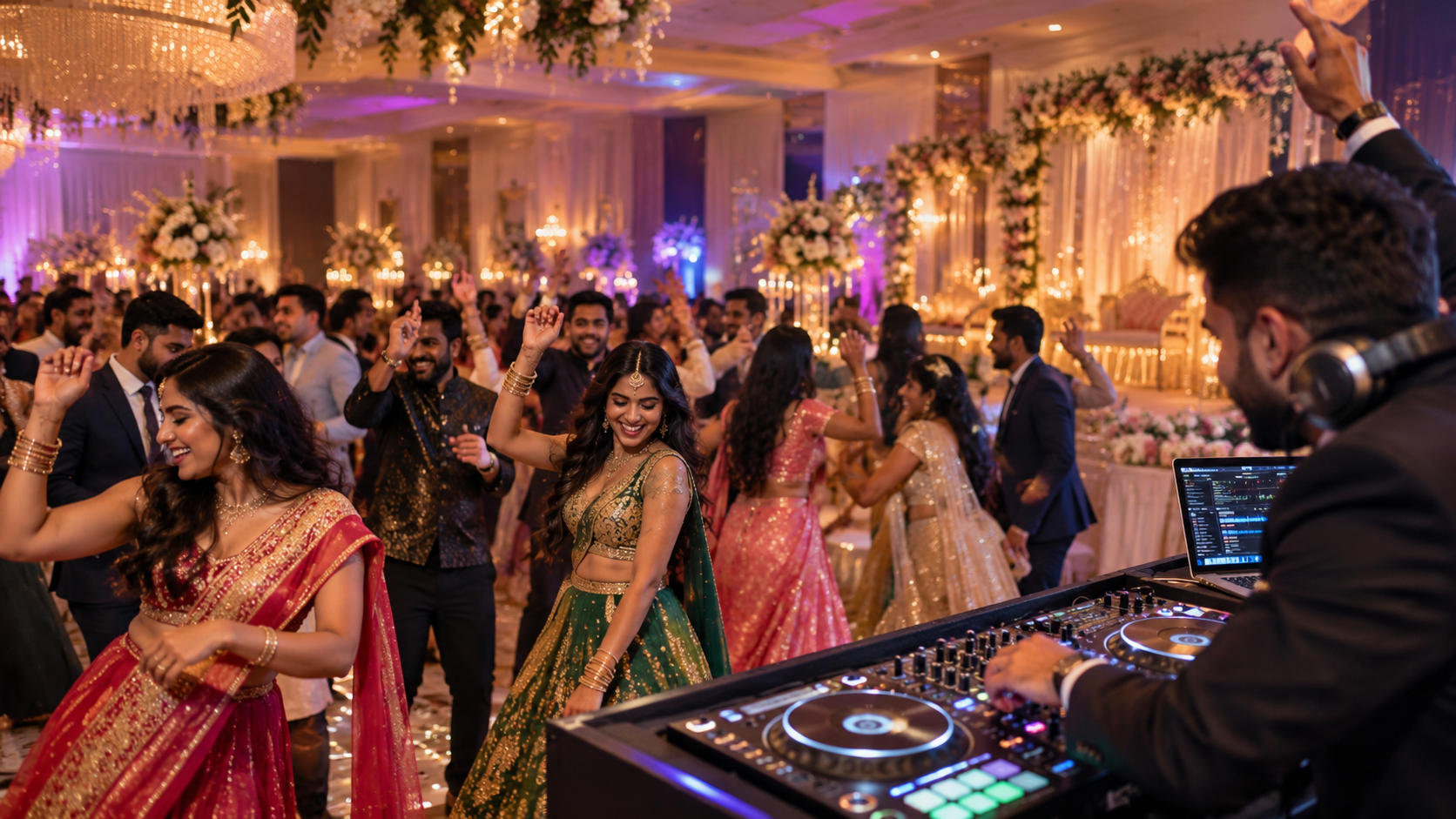 Festive South Asian waterfront dance celebration with bright stage lights.