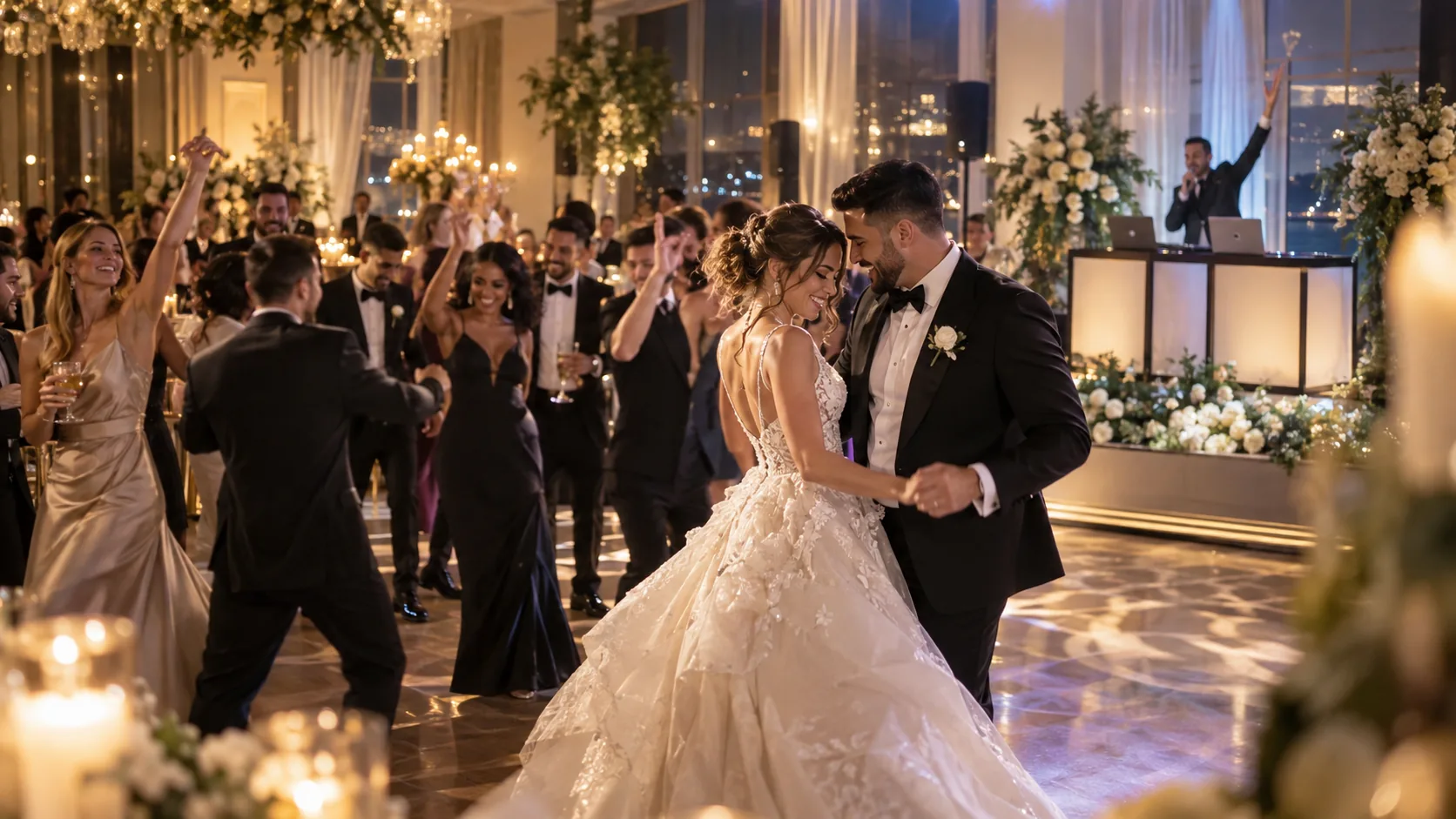 Bride and groom dancing at an elegant wedding reception with guests celebrating around them.